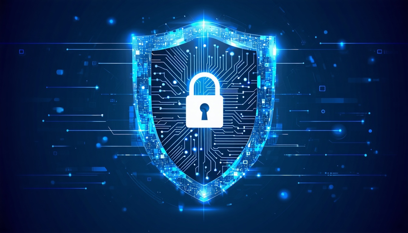 A futuristic image of a digital shield protecting